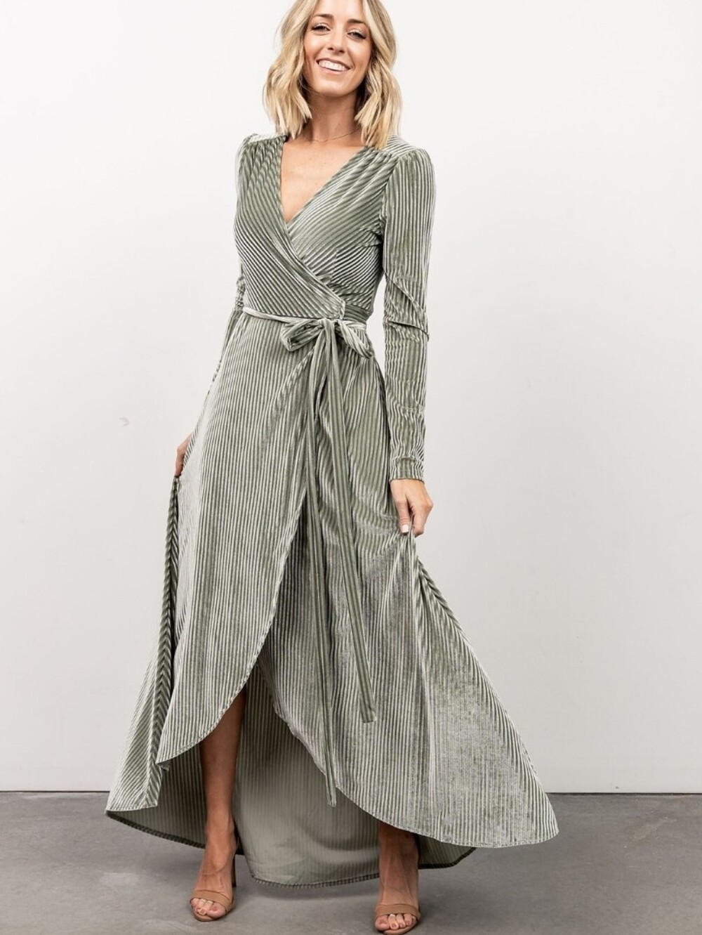 NWT Baltic Born Jada Ribbed Velvet Wrap Dress Tulip Hem Trending Sage Green XL